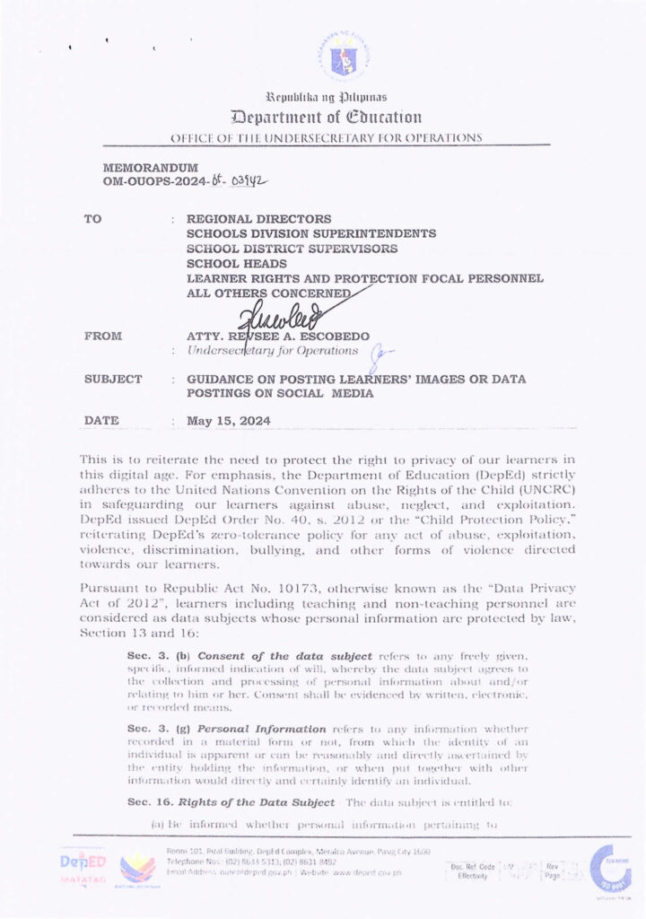 RM no. 396 s. 2024 – REITERATION OF DEPED MEMORANDUM OUOPS-2024-05 ...